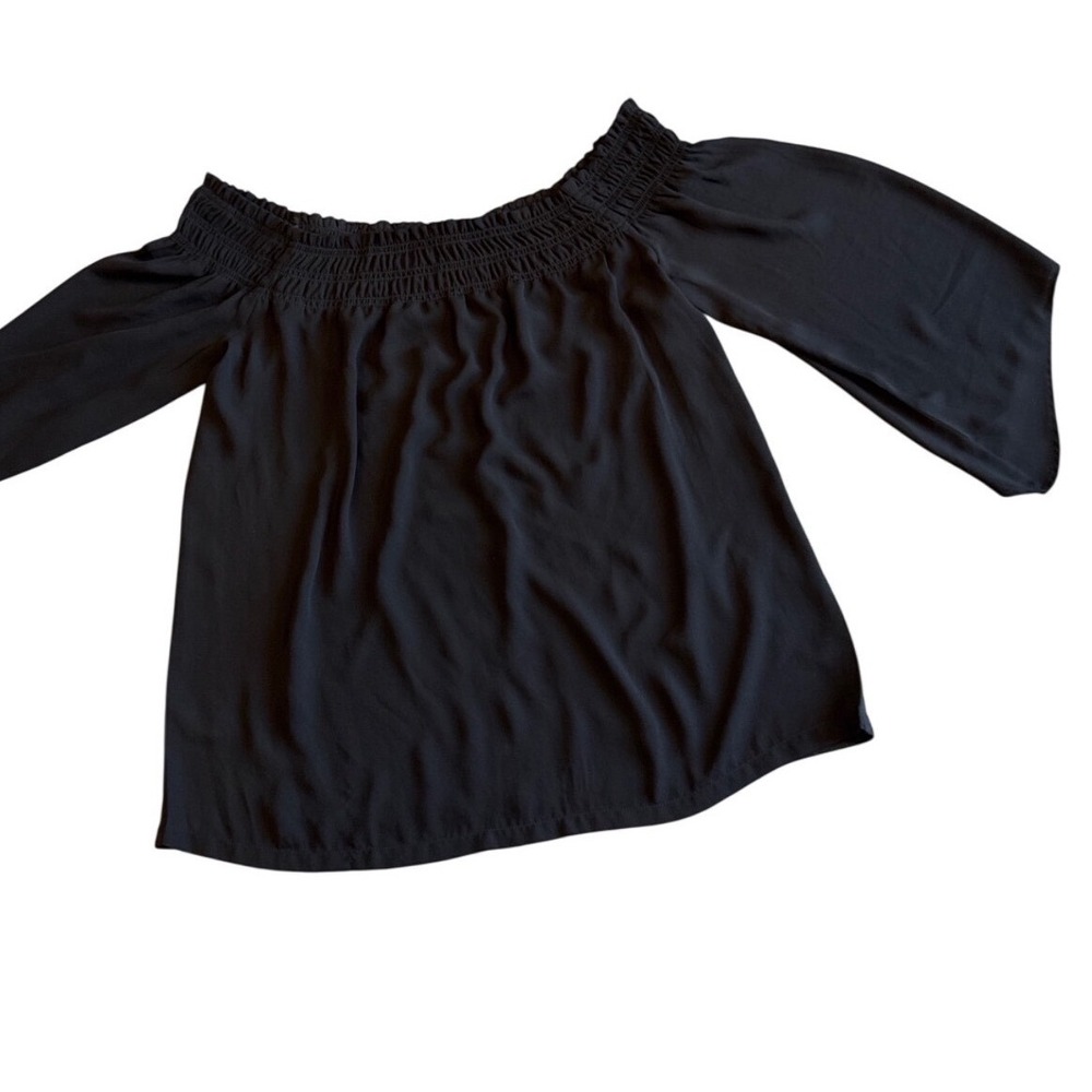 LOFT Woman Small Black Off the Shoulder Smocked Bell Sleeve Blouse Versatile Top